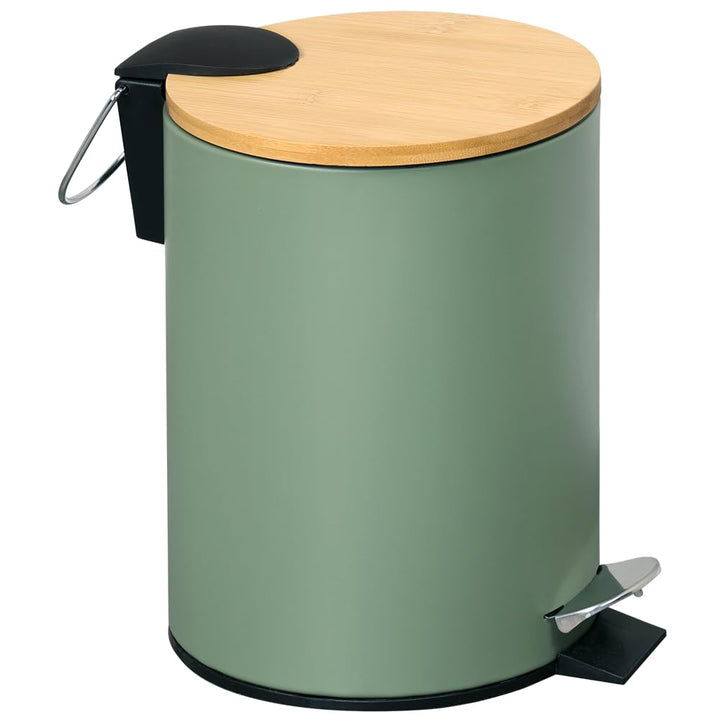 Kesper | Kosmetikeimer Grün | Metall mit FSC®-Bambusdeckel, Pedal-Mülleimer fürs Bad, Gäste-WC oder