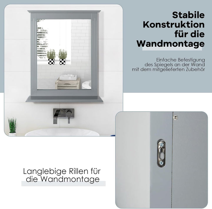 RELAX4LIFE Badspiegel mit Ablage, Wandspiegel aus Holz, Hängespigel 57 x 12 x 68,5 cm, Spiegel zum A