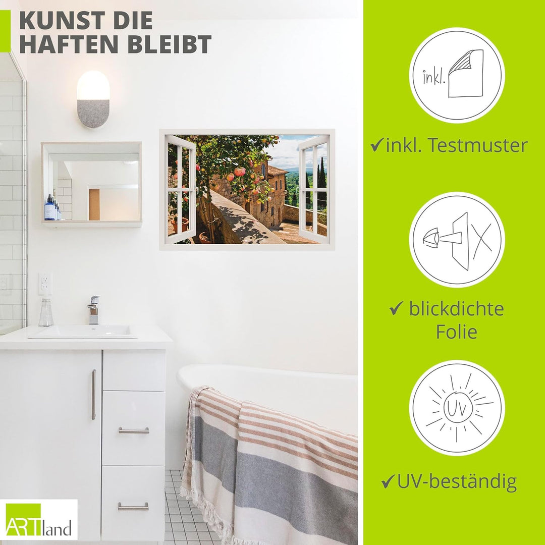 ARTland Wandbild selbstklebend Vinylfolie 100x70 cm Fensterblick Fenster Toskana Landschaft Garten R