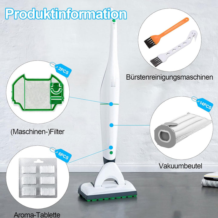 14 Beutel mit 2 Filtern und 6 Duftblöcken für Vorwerk Kobold VK7 FP7, Hochleistungs-Staubsaugerbeute
