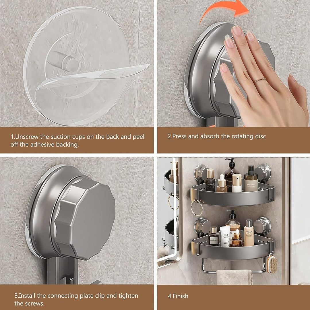 2 Stück Duschablage Ohne Bohren Wand mit Handtuchstange und Haken | Duschregal Ecke Saugnapf Badezim