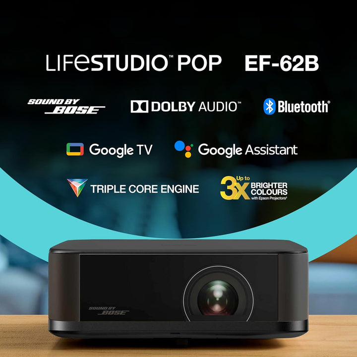 Epson Lifestudio Pop EF-62B Metallic-Schwarz, tragbarer Smart-Projektor, Sound by Bose, Google TV, 4