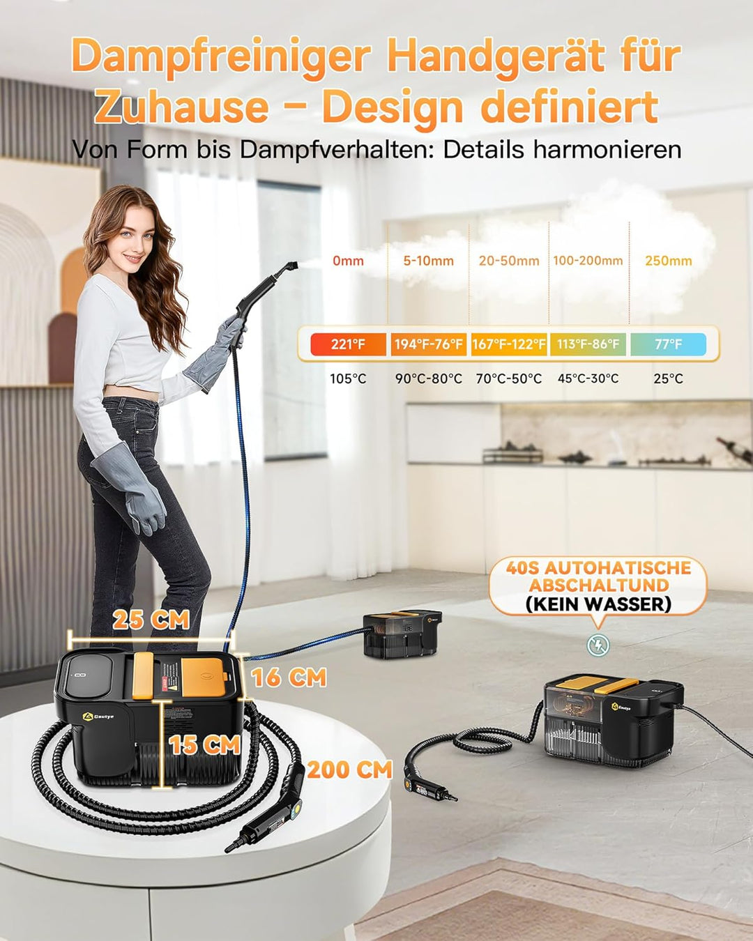 Gautye Dampfreiniger 3 stufig verstellbarer Griff, 10 Sekunden Aufheizzeit, 2L Wassertank, steam cle