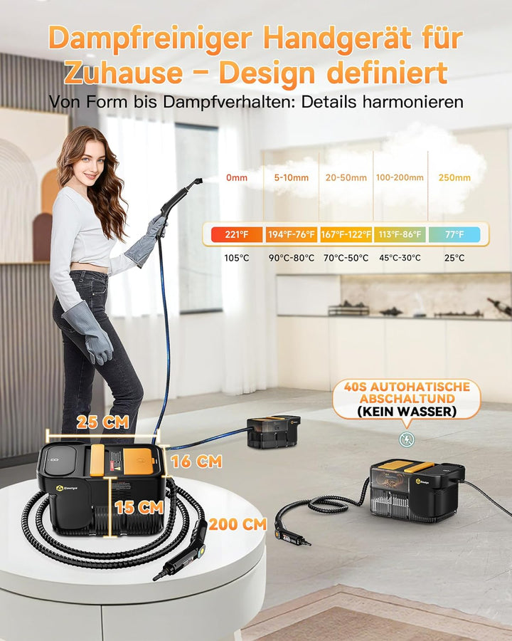 Gautye Dampfreiniger 3 stufig verstellbarer Griff, 10 Sekunden Aufheizzeit, 2L Wassertank, steam cle