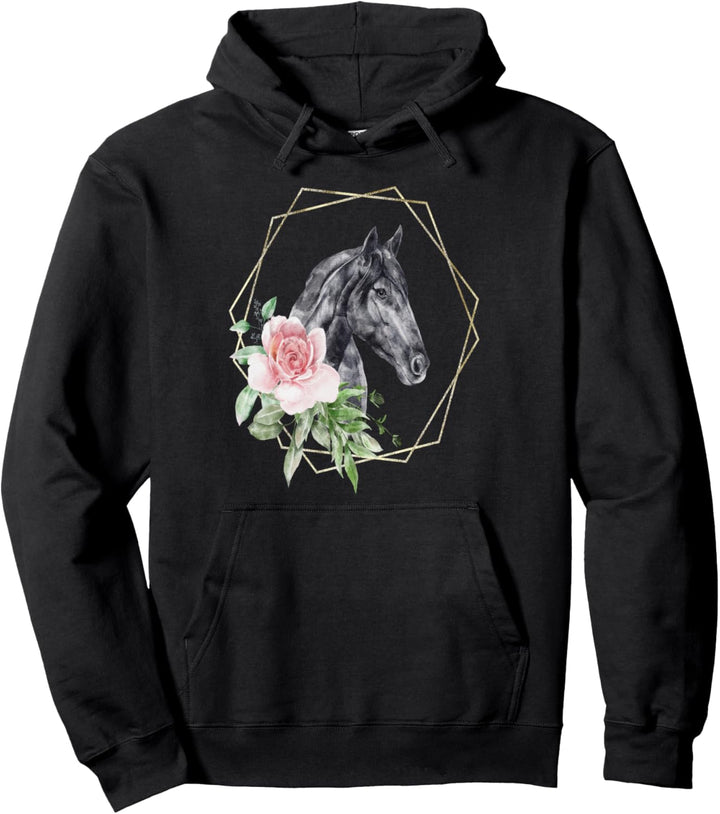 Pferd Geschenk Blumenrahmen Aquarell Schwarz Pullover Hoodie