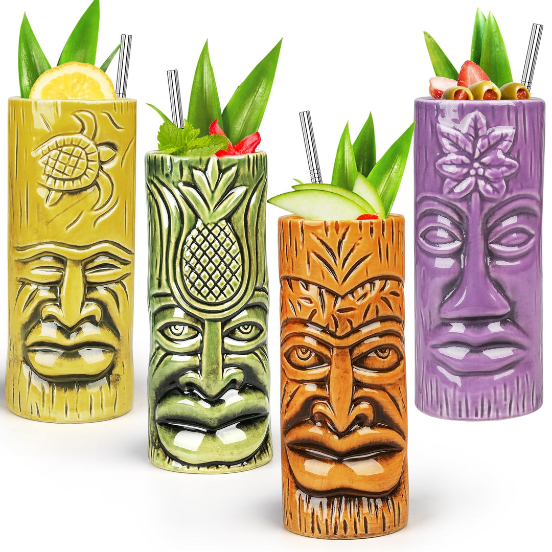Tiki-Tassen-Set, Hawaii-Party-Becher aus Keramik mit Untersetzer, für Cocktails, hochwertiges Tassen