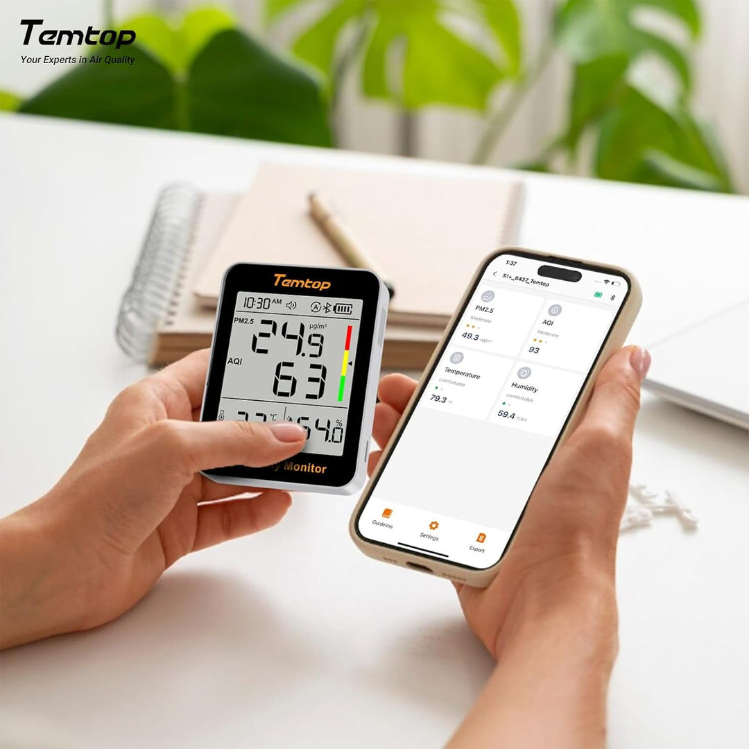 Temtop PM2.5 Monitor Bluetooth Luftqualitätsmonitor Temperatur Luftfeuchtigkeit Thermohydrometer S1+