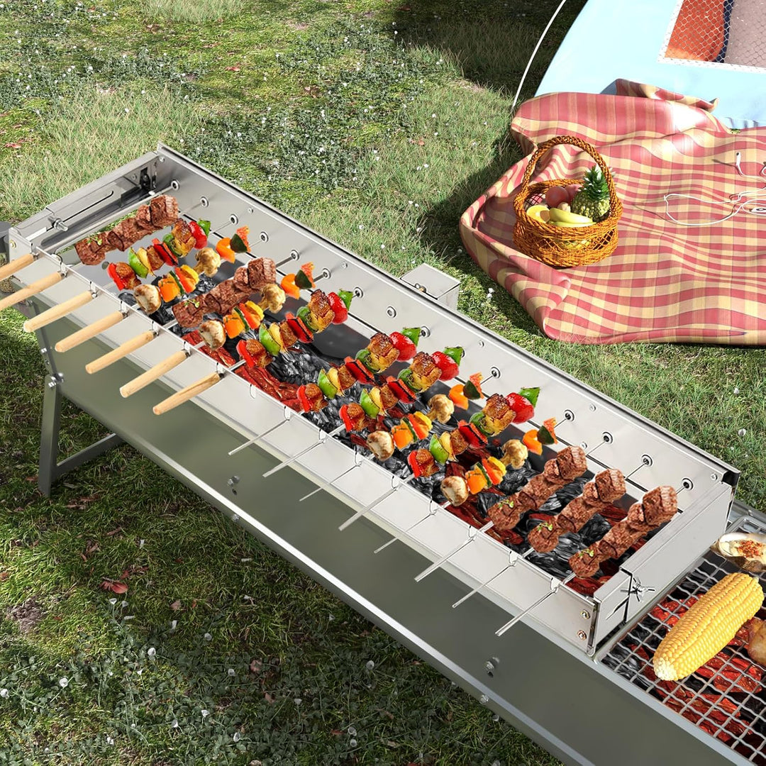 BBQ Spiessdreher mit 15 Edelstahl Spiesse Grill Mangal Schaschlik mit USB Motor, Edelstahl Drehspies
