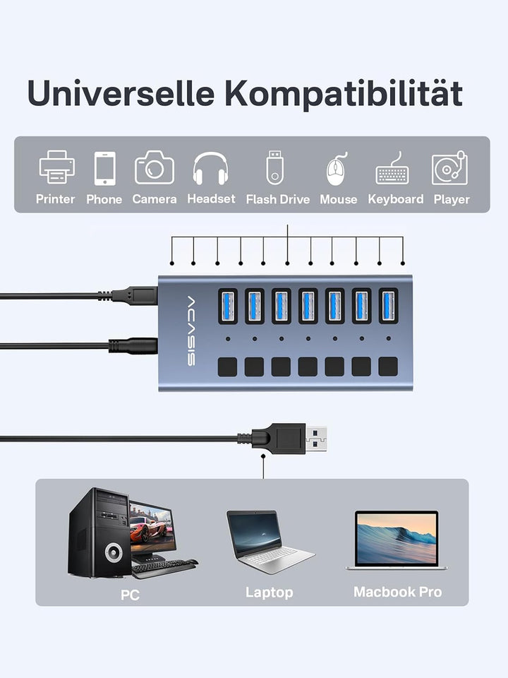 ACASIS Powered USB Hub,10 Ports USB 3.1 Hub with 10Gbps Data Speed, Individual On/Off Switches, 12V4