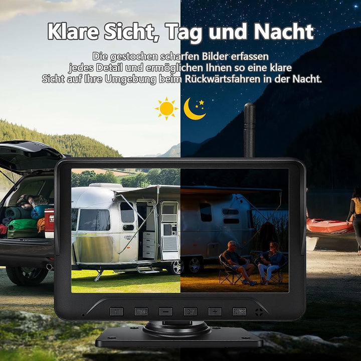 Digitales kabelloses Rückfahrkamera-Set VASTEND: 7'' Monitor mit 2 Rückfahrkameras, 14 Infrarot-LEDs