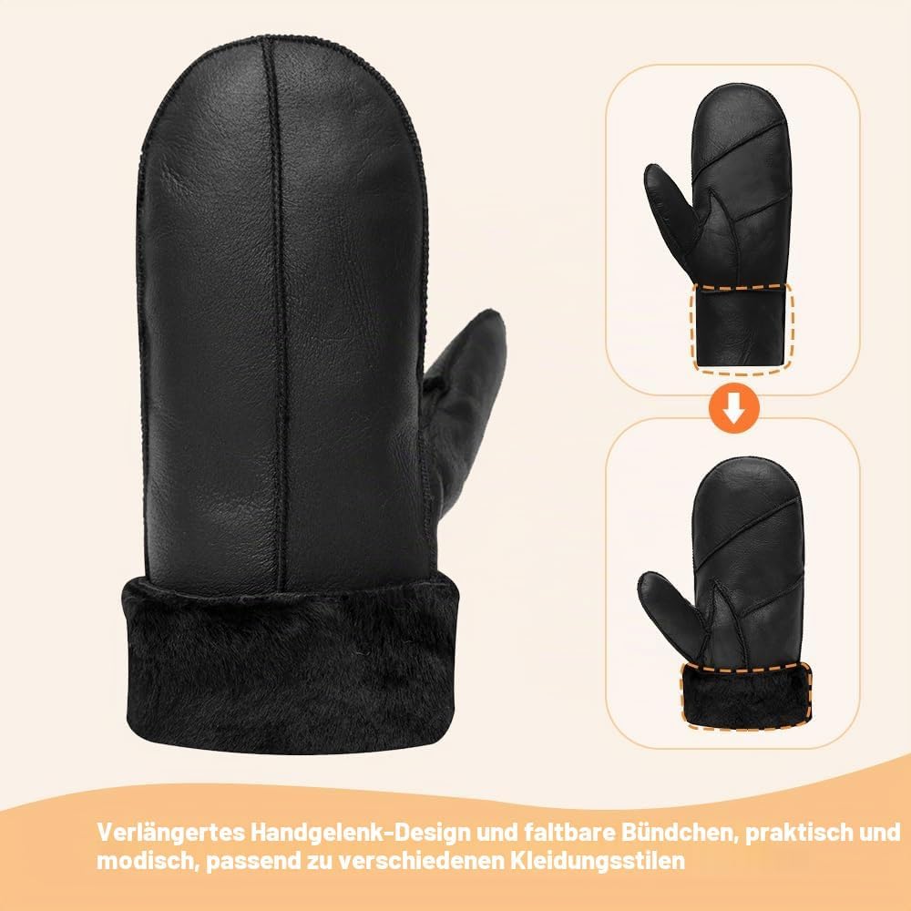 MGGMOKAY Damen Lammfell Shearling Fäustlinge Warme Winter Lederhandschuhe XS Schwarz, XS Schwarz