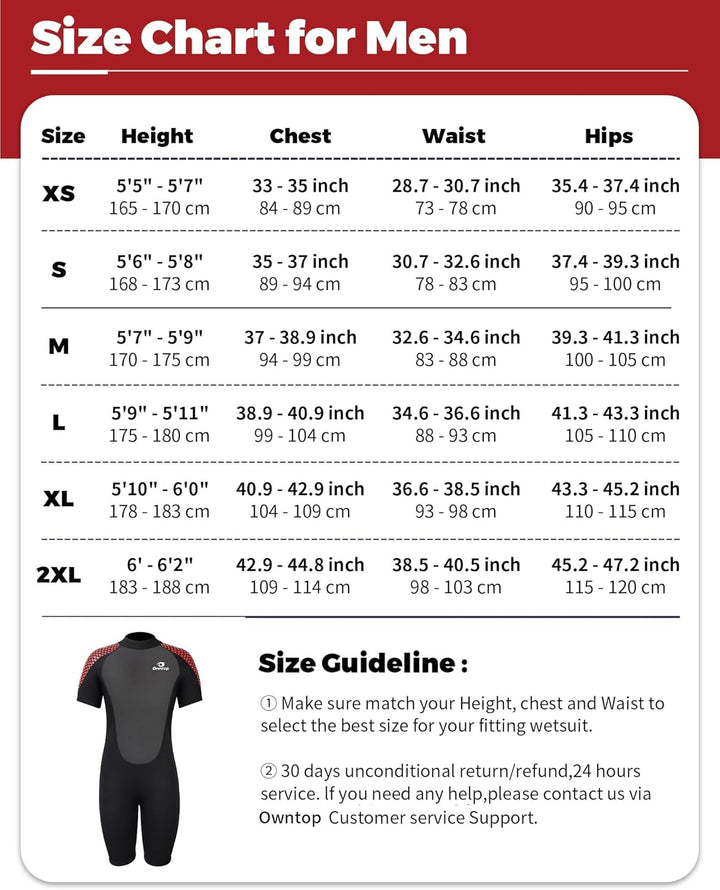 Owntop Neoprenanzug kurz Herren &amp; Damen, 3/2 mm Neopren Wetsuit für Tauchen, Surfen, Schwimmen und K