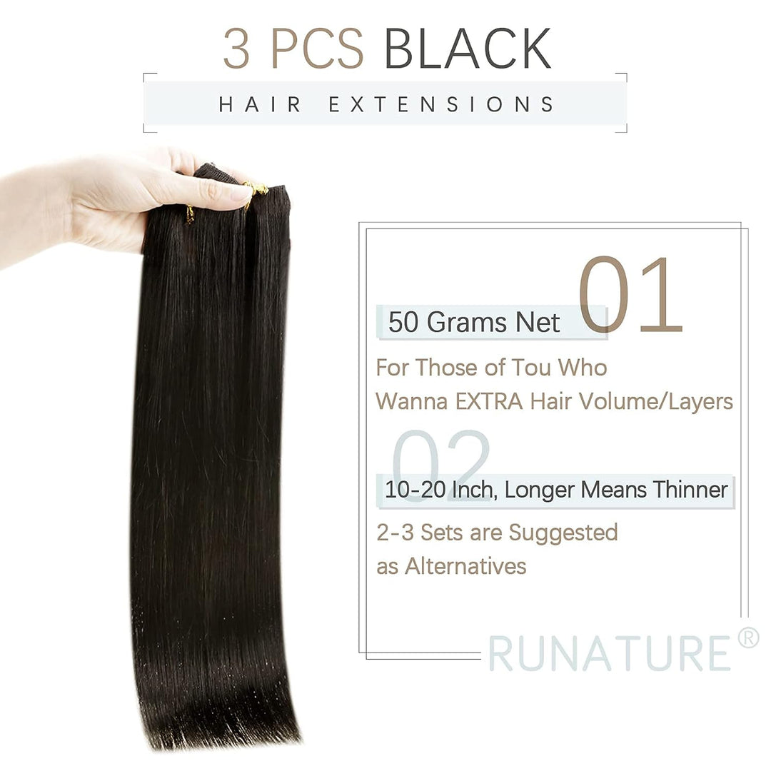 RUNATURE Haarverlängerung Echthaar Clip Schwarz 45cm 3 Stück Naturliches Haar Extensions Seamless #1