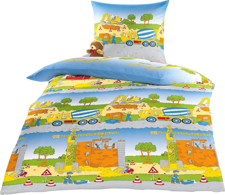 Bierbaum Kinder Fein - Biber Bettwäsche 2 TLG. 135x200cm Baustelle Baufahrzeuge