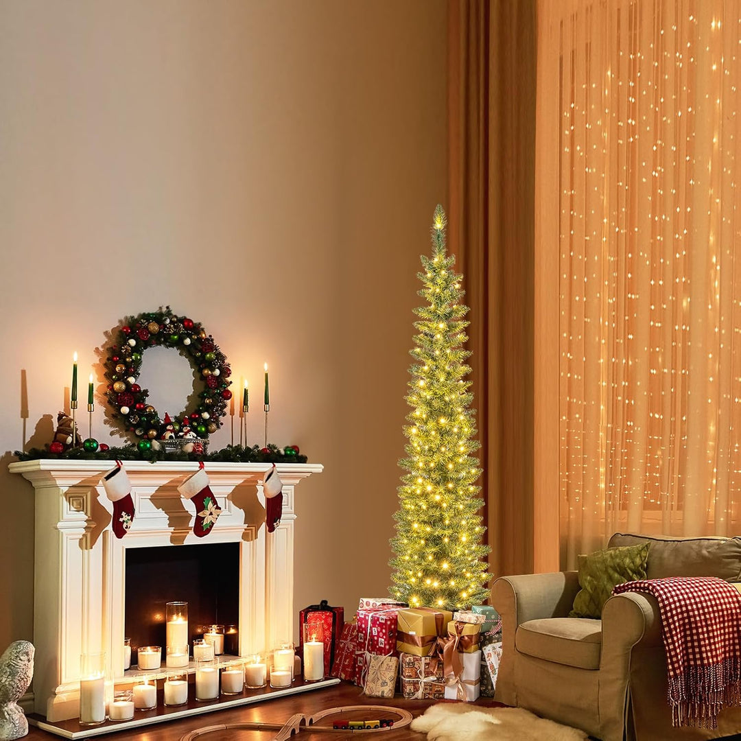 COSTWAY 150 cm Künstlicher Weihnachtsbaum mit Beleuchtung, Bleistift Tannenbaum mit 150 warmweissen