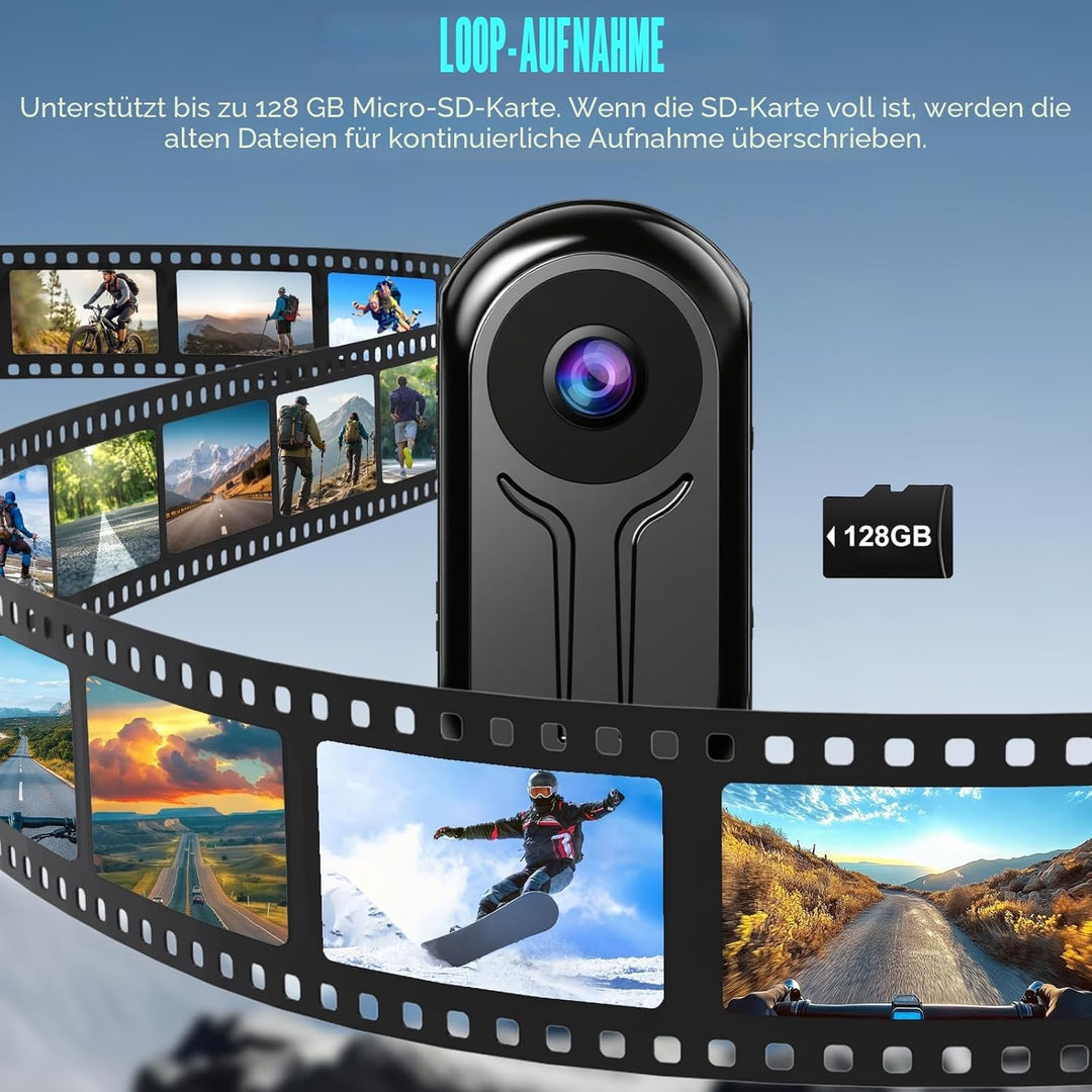 OBEST 360 Action Kamera und 128GB Karte, Mini Action Cam Bodycam Körperkamera mit Display, Magnet Mo