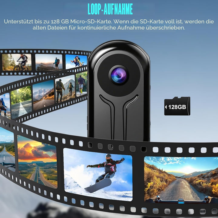 OBEST 360 Action Kamera und 128GB Karte, Mini Action Cam Bodycam Körperkamera mit Display, Magnet Mo
