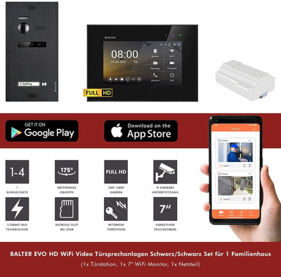 Balter EVO HD Schwarz/Schwarz WiFi Video Türsprechanlage Set für 1 Familienhaus - 1x Türstation mit