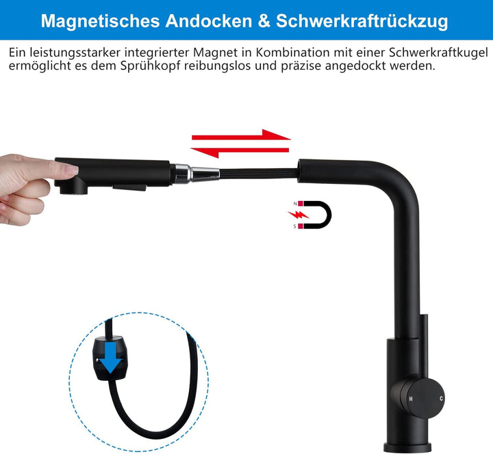 Tohlar Niederdruck Armatur Küche Ausziehbar Schwarz mit Magnet Andocken Brause, Edelstahl Wasserhahn