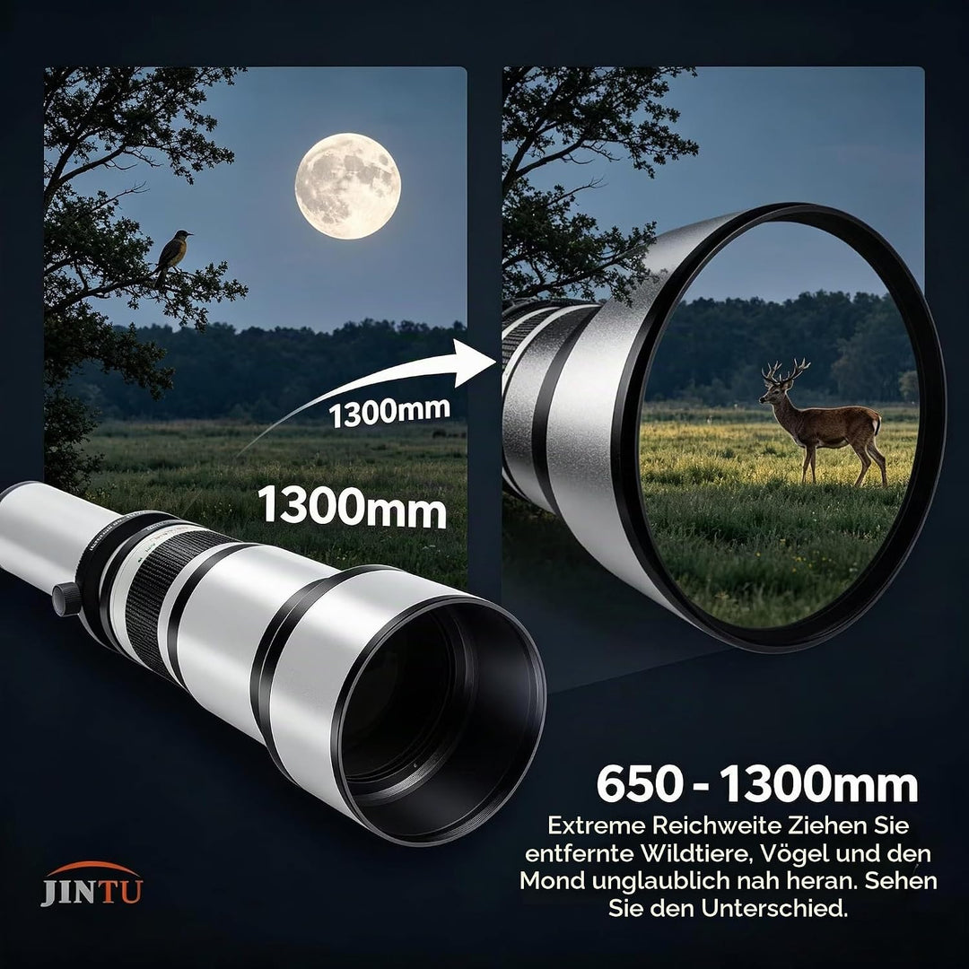 JINTU Teleobjektiv EF 650-1300mm F8 EF Objektiv für Canon SLR, Manueller Fokus MF Zoom Objektiv für