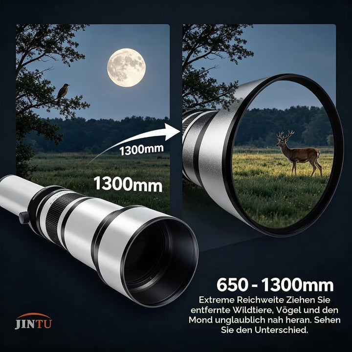 JINTU Teleobjektiv EF 650-1300mm F8 EF Objektiv für Canon SLR, Manueller Fokus MF Zoom Objektiv für
