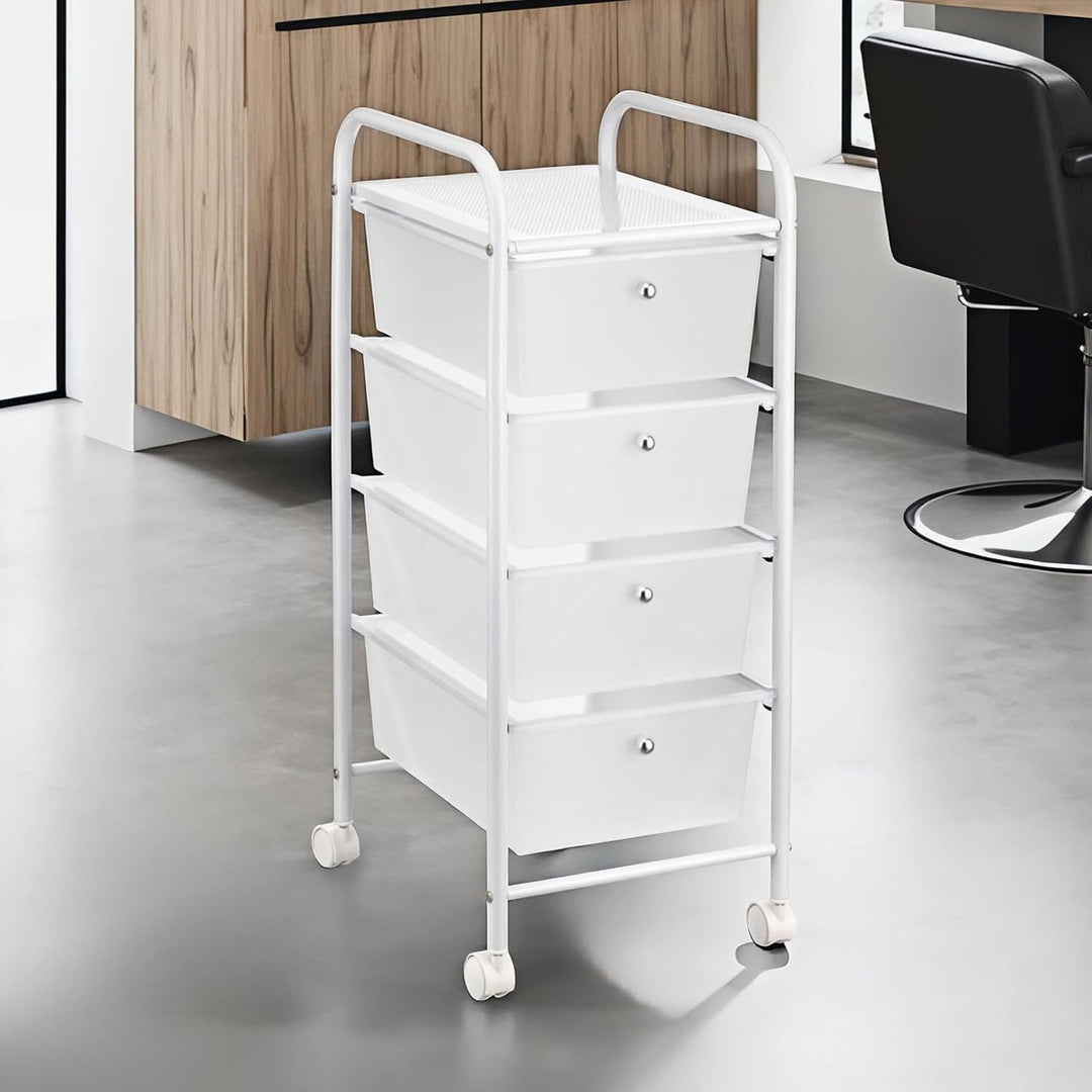 IDIMEX Badregal Rollwagen Rollcontainer GINA, mit 4 transparenten Schubladen und Metallgestell in we