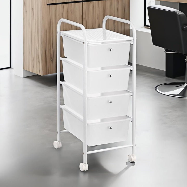 IDIMEX Badregal Rollwagen Rollcontainer GINA, mit 4 transparenten Schubladen und Metallgestell in we