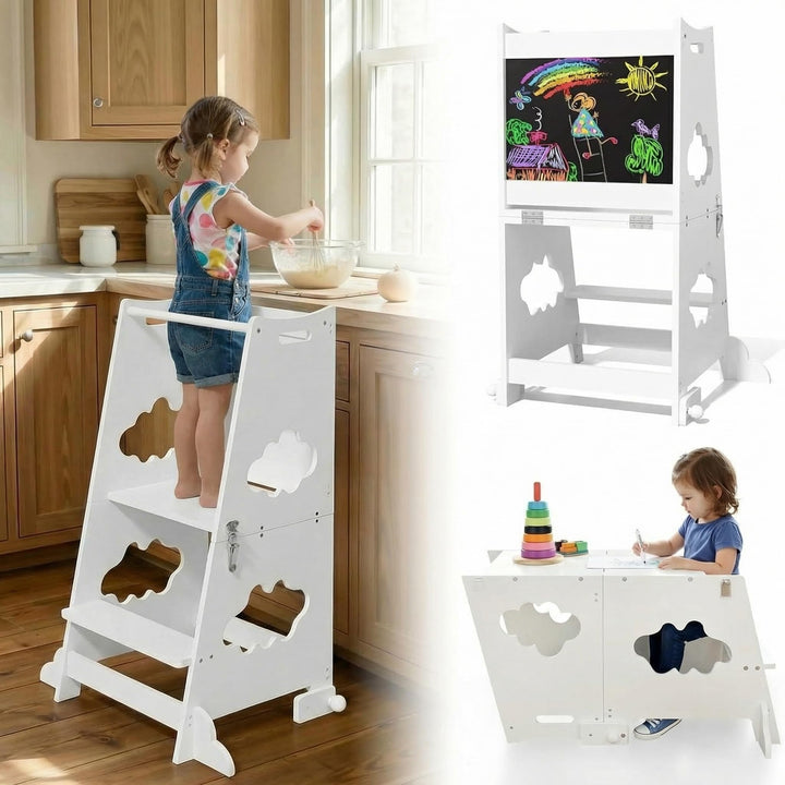 KIDINIX Lernturm ab 1 Jahr, 3 in 1 Montessori Learning Tower mit Sicherheitsgeländer und Tafel, Klap