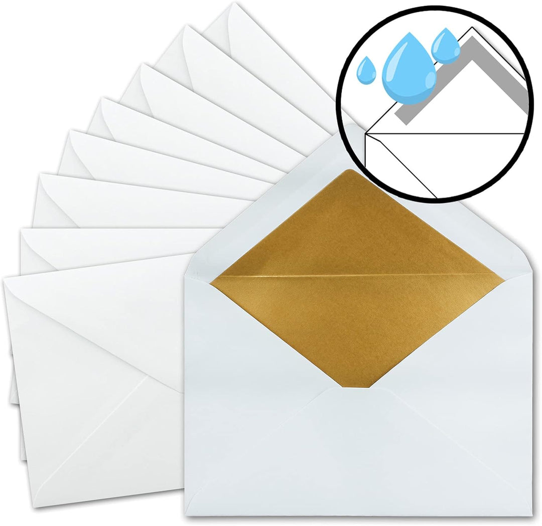 25 Sets - Faltkarten DIN A5 - Hochweiss (Weiss) mit Umschläge DIN C5 mit Gold Metallic Futter - 14,8