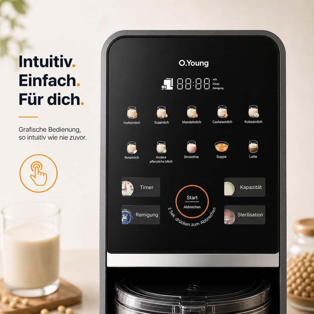 O.Young selbstreinigender Pflanzenmilch-Maker 1,2L Nussmilchmaschine mit Heissdampf-Selbstreinigung,