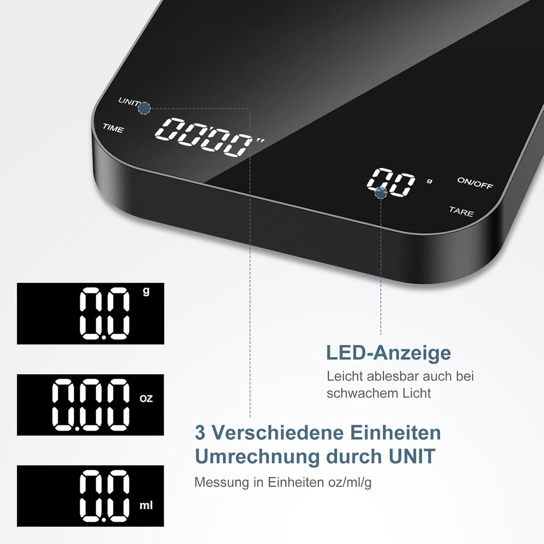 Kaffeewaage mit Timer, Espresso Waage 3kg/0.1g, Hochpräzise Feinwaage, type-C Wiederaufladbare Küche