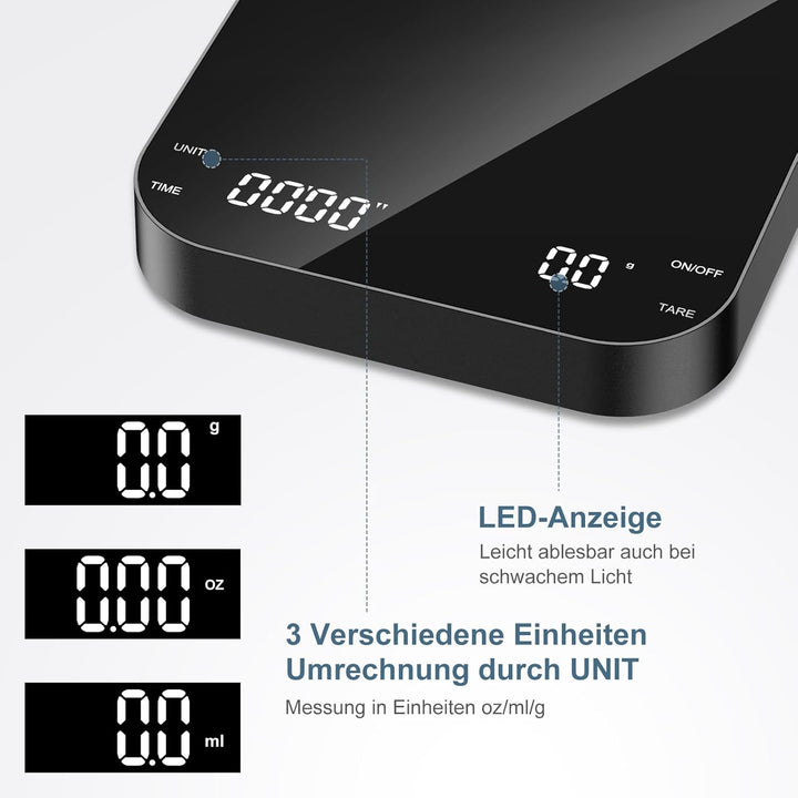 Kaffeewaage mit Timer, Espresso Waage 3kg/0.1g, Hochpräzise Feinwaage, type-C Wiederaufladbare Küche