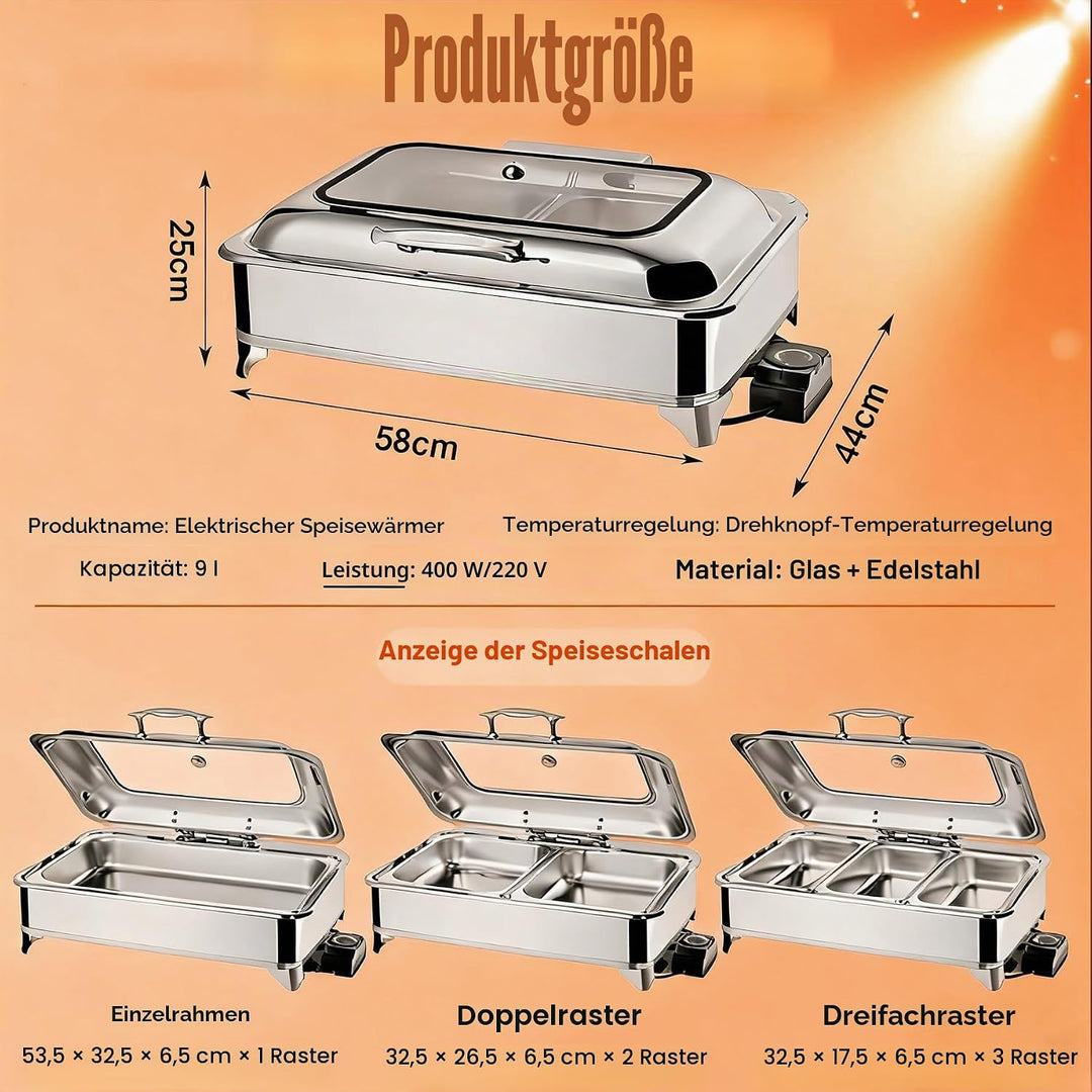Chafing Dish Elektrisch, 9L Edelstahl Warmhaltebehälter Essen Elektrisch mit Glasdeckel, Speisewärme