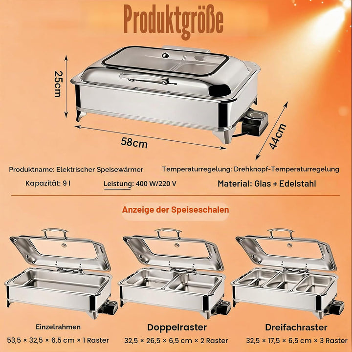 Chafing Dish Elektrisch, 9L Edelstahl Warmhaltebehälter Essen Elektrisch mit Glasdeckel, Speisewärme