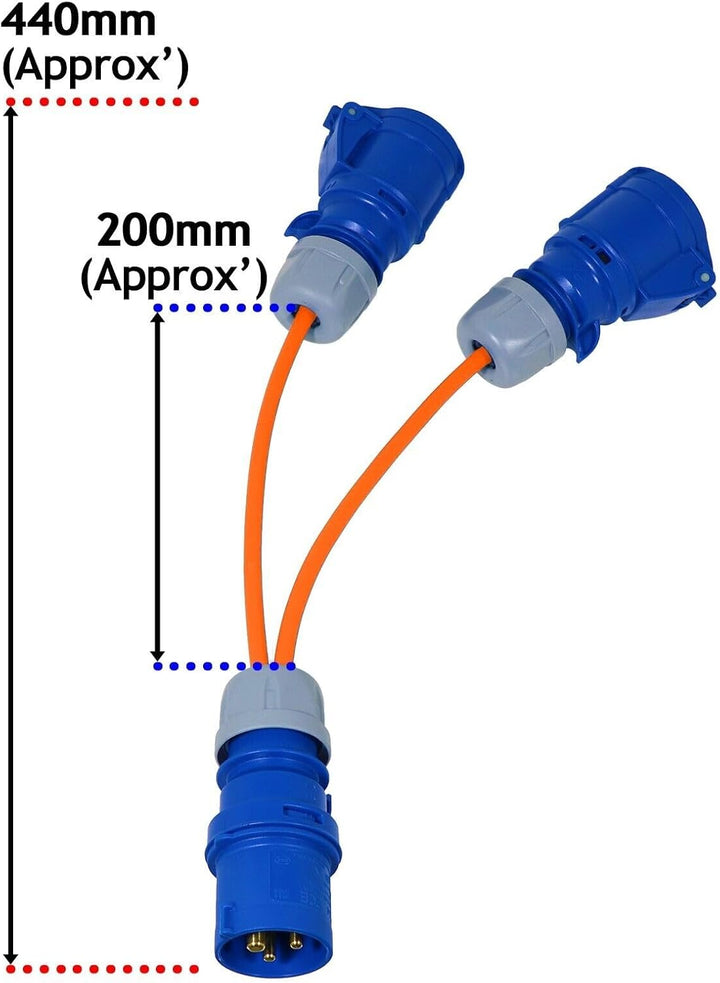 SPARES2GO 16A-Splitterkabel, 240-V-Generator, 2-Wege-Anschluss, Y-Stück, 2 x 16-Ampere-Steckdosen (o