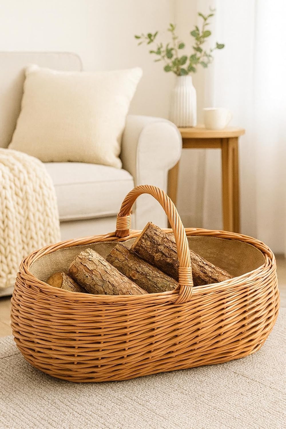 Kobolo Kaminholzkorb Holzkorb für Kaminholz oval - aus gekochte Weide mit Jutefutter
