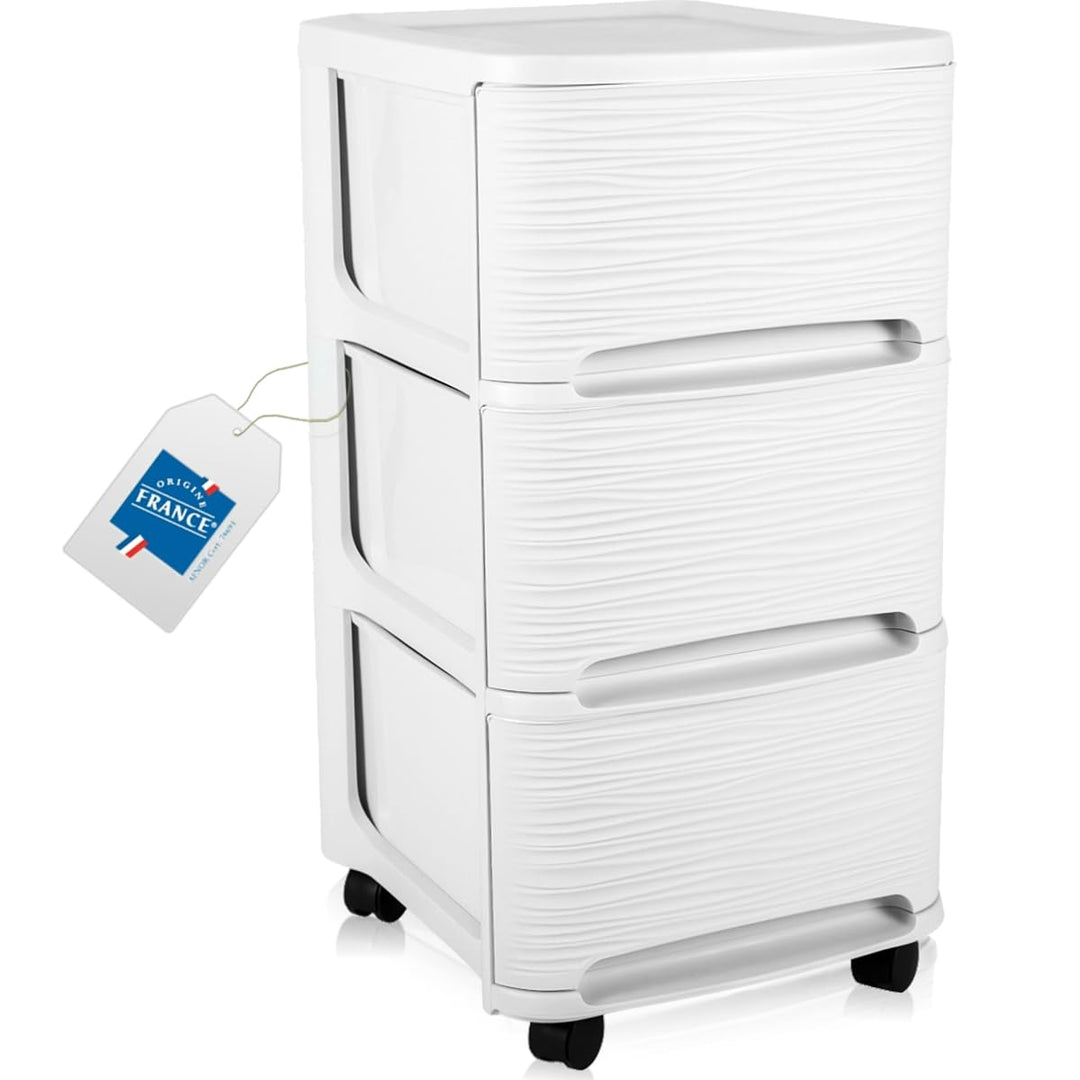 Schubladenschrank mit Rollen Rollcontainer mit 3 Schubladen Rollschrank Kunststoff Rollwagen (Weiss)