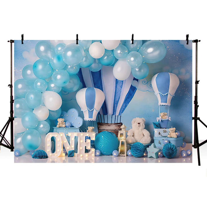 MEHOFOND 2,4 x 1,8 m blauer Junge 1. Geburtstag Fotografie Hintergründe Luftballons Heissluftballon