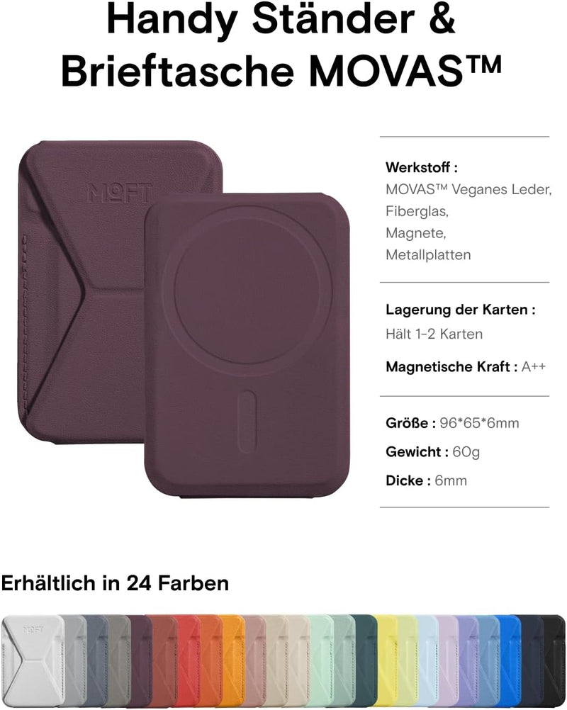 MOFT Magnetische Wallet Ständer für iPhone 15/14/13/12 Serie Kompatibel mit MagSafe, MOVAS Vegan Led