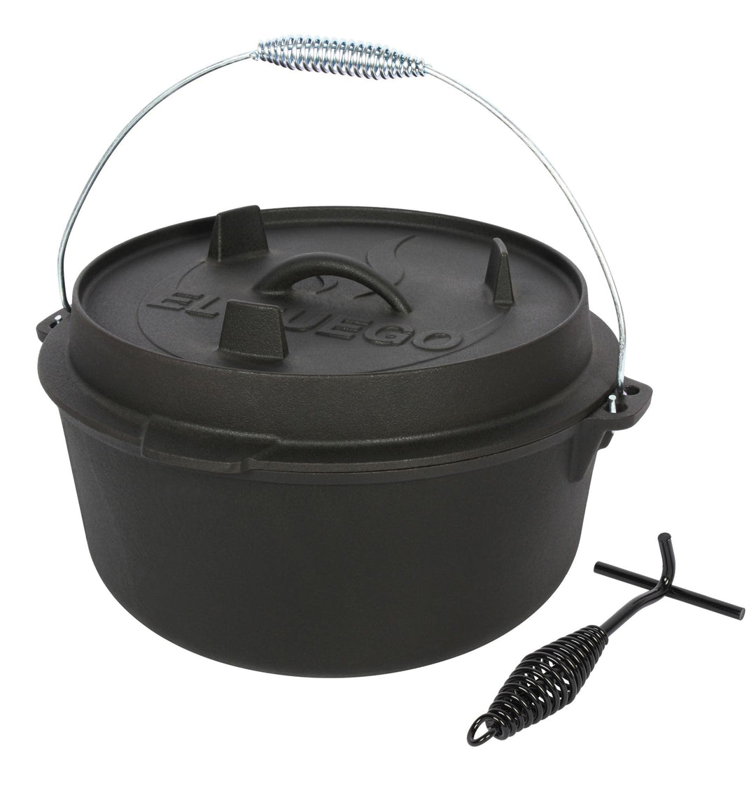 Dutch Oven 13,6 Liter von El Fuego®, 100% Gusseisen, inkl. Schürhaken und Tragebügel, Camping & Outd