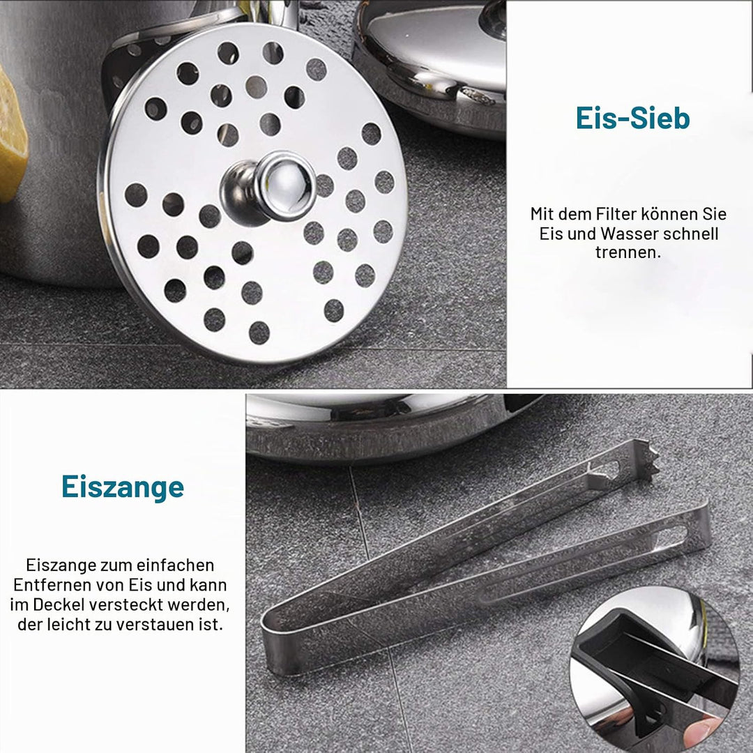 Emsmil Eiseimer mit Deckel Zange und Sieb 3L Eiskübel Edelstahl Eisbehälter Sektkühler Eiswürfelbehä