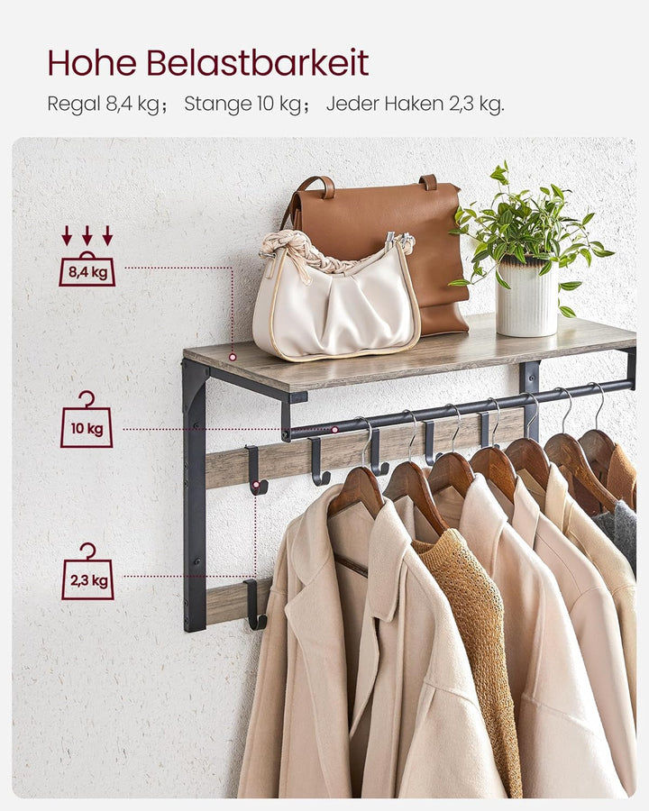 VASAGLE Wandgarderobe, Schuhbank, Wandregal mit Ablage und 10 Haken, Schuhregal mit 3 Ebenen, Aufbew