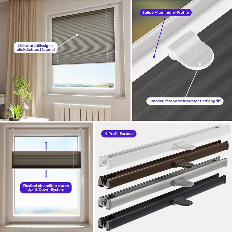 SchattenFreude Plissee nach Mass für Fenster & Tür | Mit Klemmhaltern, Klemmfix | Lichtdurchlässig L