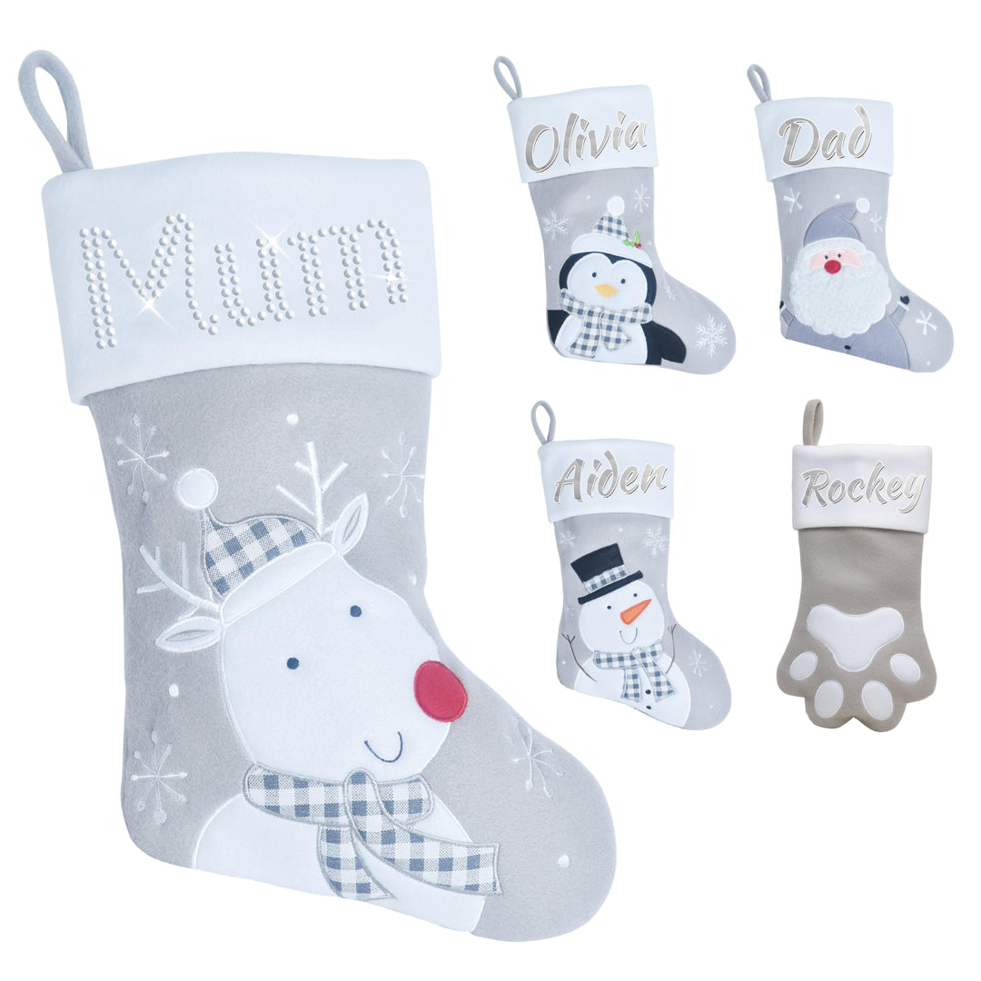 Varsany Premium Personalisierte Grau Rentier Weihnachtsstrümpfe - Passende Custom Xmas Strümpfe für