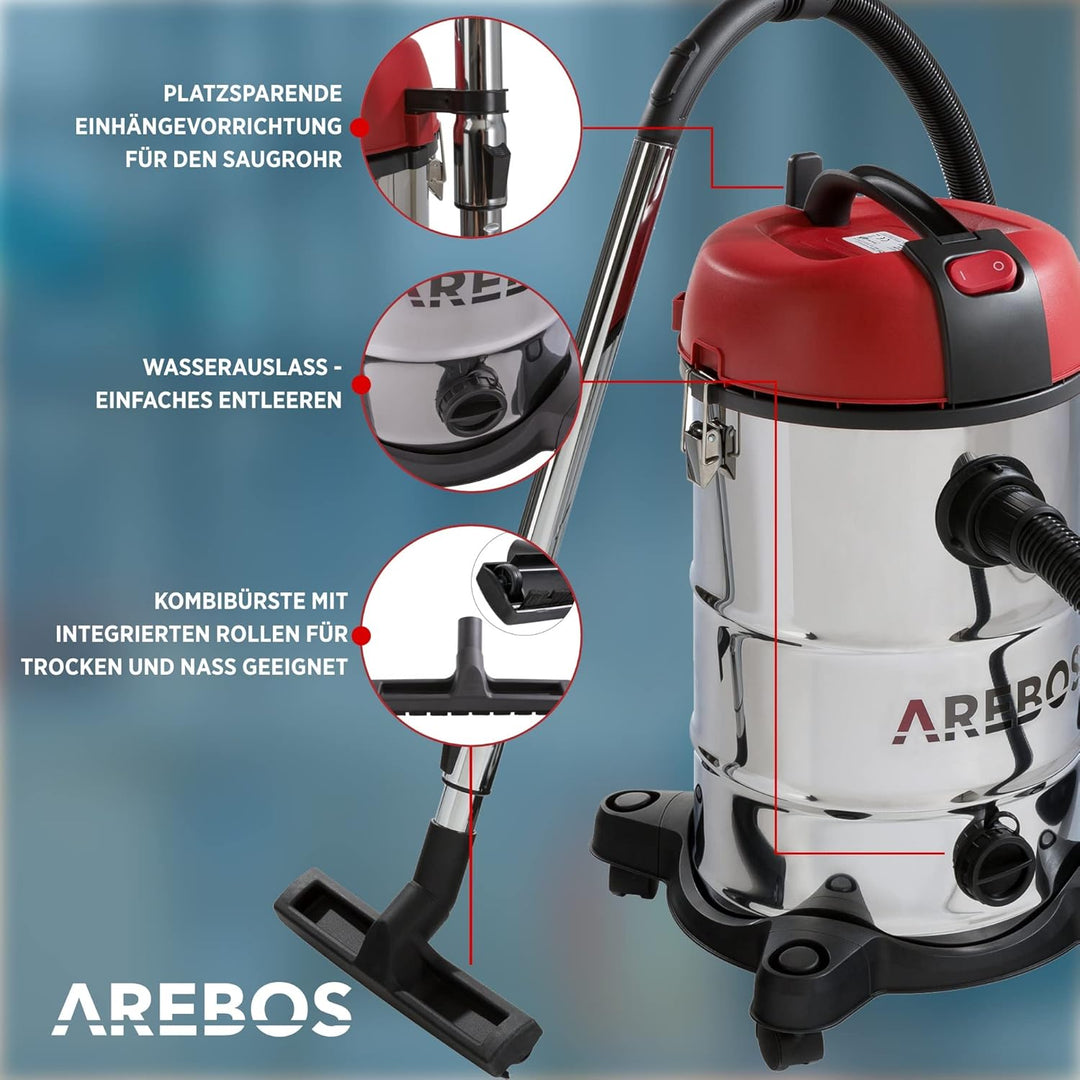 Arebos Industriestaubsauger 1800 W | Nass- &amp; Trockensauger | Aschesauger für Kamin &amp; Grill | Mehrzwe