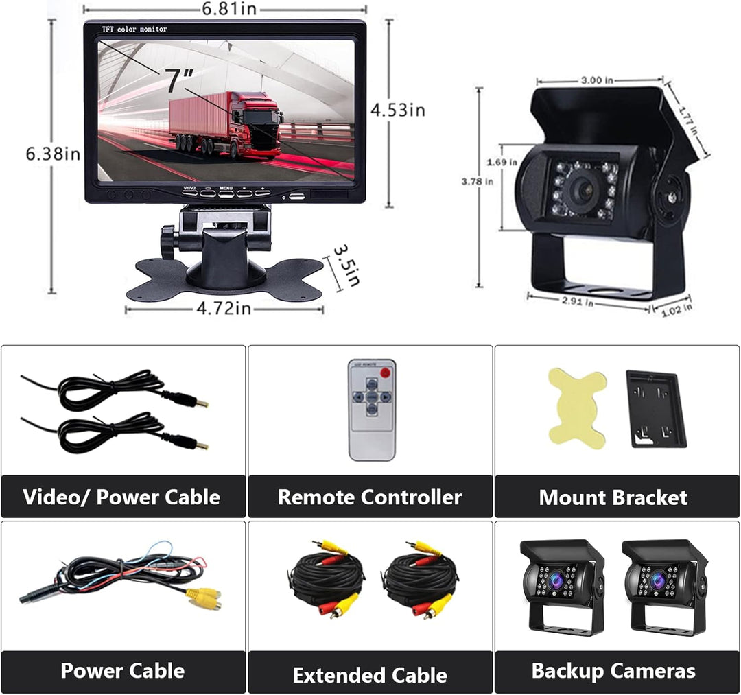 Rückfahrkamera Auto 2 Kamera Set mit Super Nachtsichtgeräten, 7 Zoll HD Vollfarbdisplay Rear View Mo