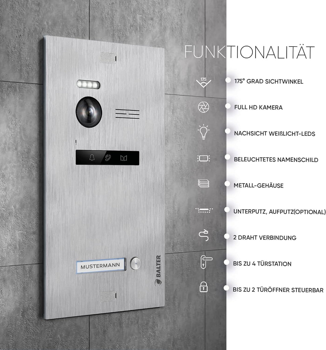 Balter EVO-HD Video Türsprechanlage, Video Türklingel, Smartphone App, 1 Familienhaus Klingel, 4X 7