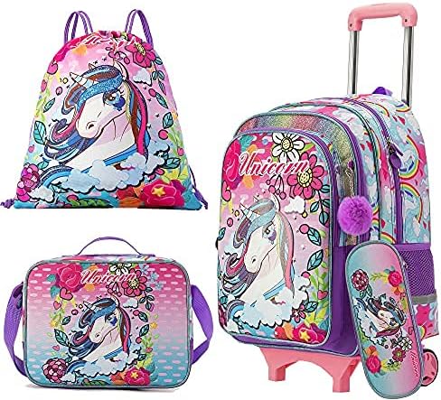 HTgroce Unicorn Schultaschen für Mädchen mitstofftasche mäppchen etc-Kleinkind Kinderrucksack mit Rä