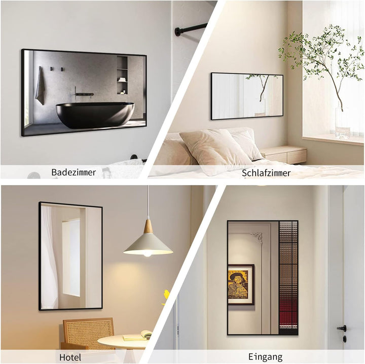 Goezes Schwarz Wandspiegel 60x100 cm Spiegel mit Metallrahmen, Rechteckig Dekorative HD Spiegel Bads