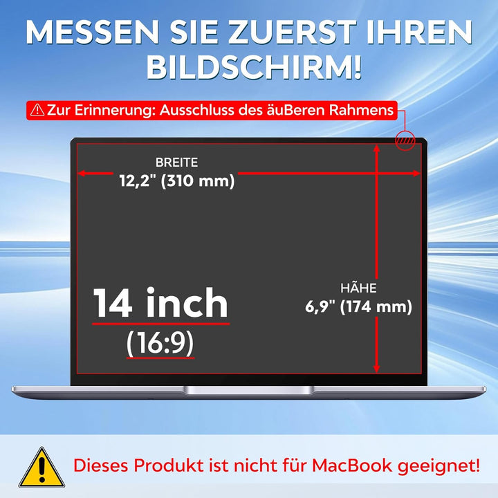 Blickschutzfolie für 14 Zoll Laptop 16:9 Seitenverhältnis Sichtschutzfolie,Abnehmbar sichtschutz, An